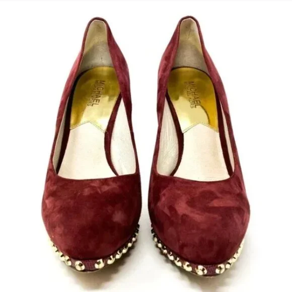 MICHAEL Michael Kors Maroon Suede Gold Stud Almond-Toe Pumps - Size 9 - Picture 3 of 8